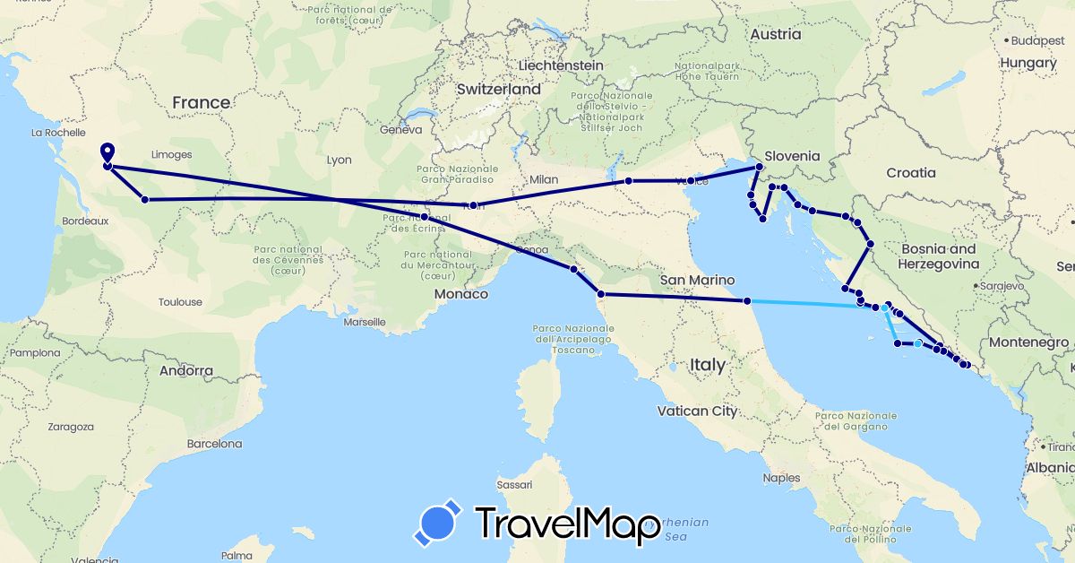 TravelMap itinerary: driving, boat in Bosnia and Herzegovina, France, Croatia, Italy (Europe)